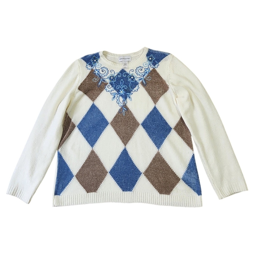 Alfred Dunner Womens Small Argyle Sweater Blue Brown Embroidered Beaded Knit